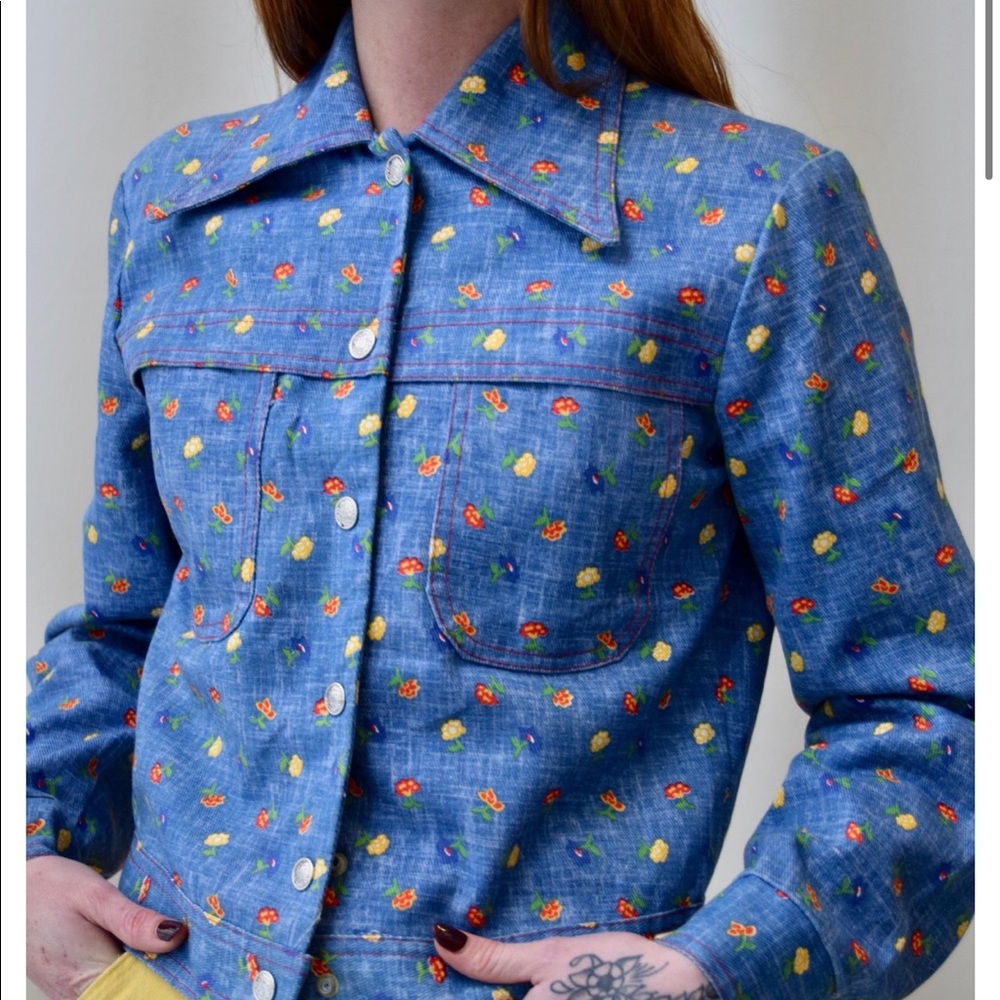 Crop faux jean floral jacket vintage